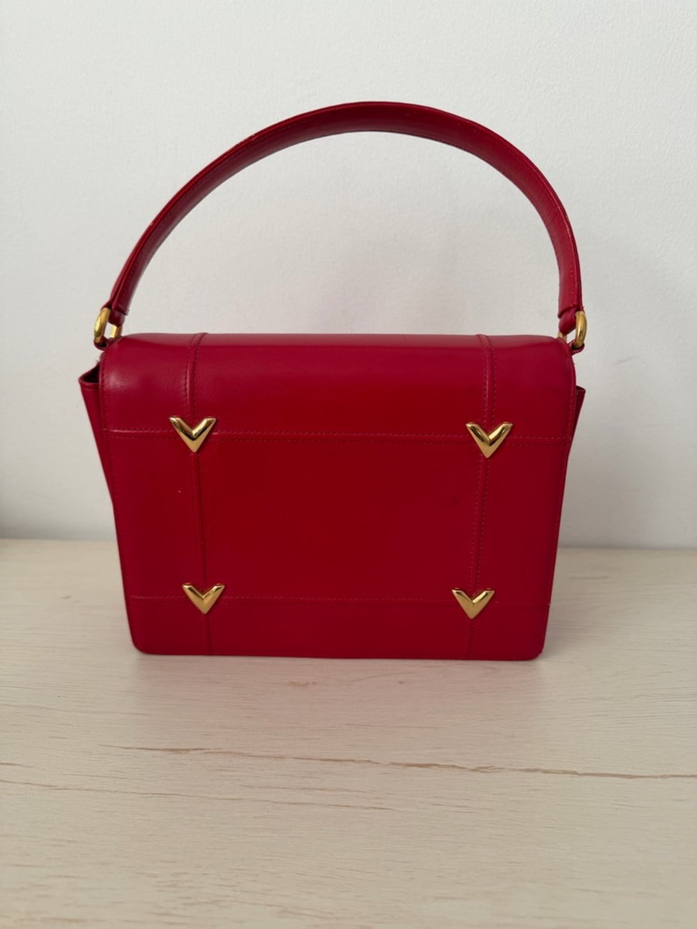 Valentino Garavani Red Structured Top-Handle Shoulder Bag with Gold V Accents
